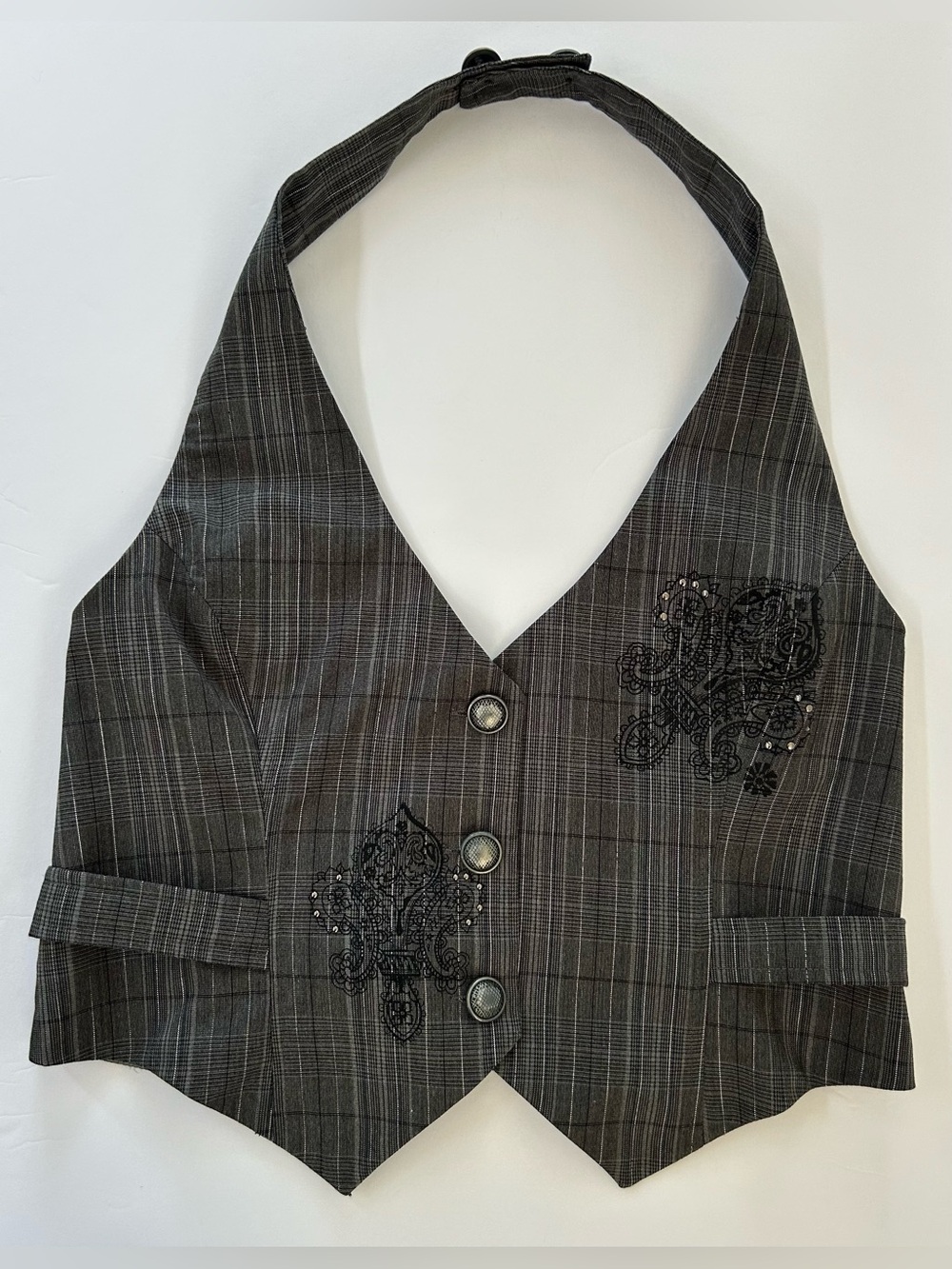 FANG Gray Plaid Halter Vest with Embroidered Accents
